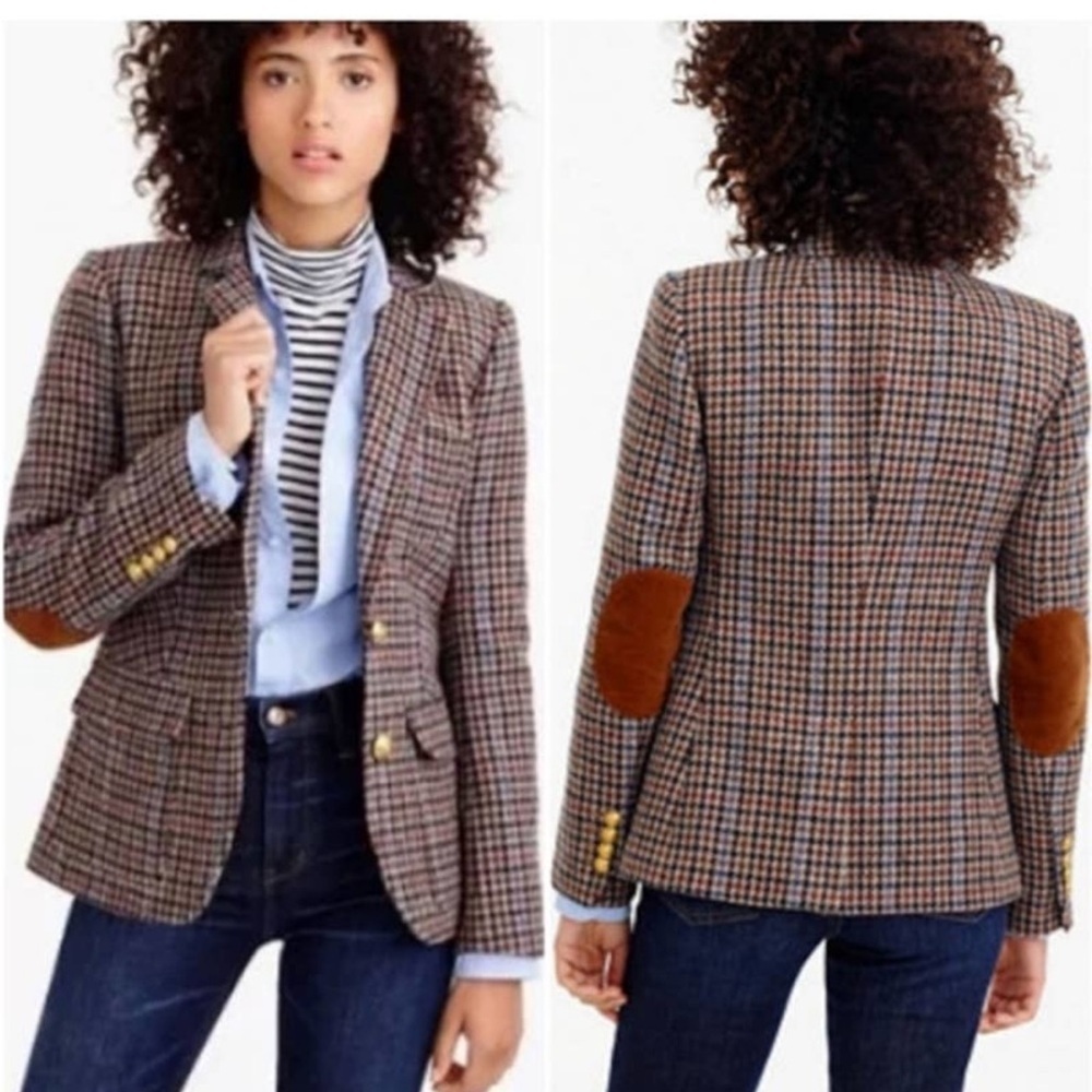 J.Crew Rhodes Blazer Jacket Wool Tweed Houndstooth Elbow Patches Brown Size 12